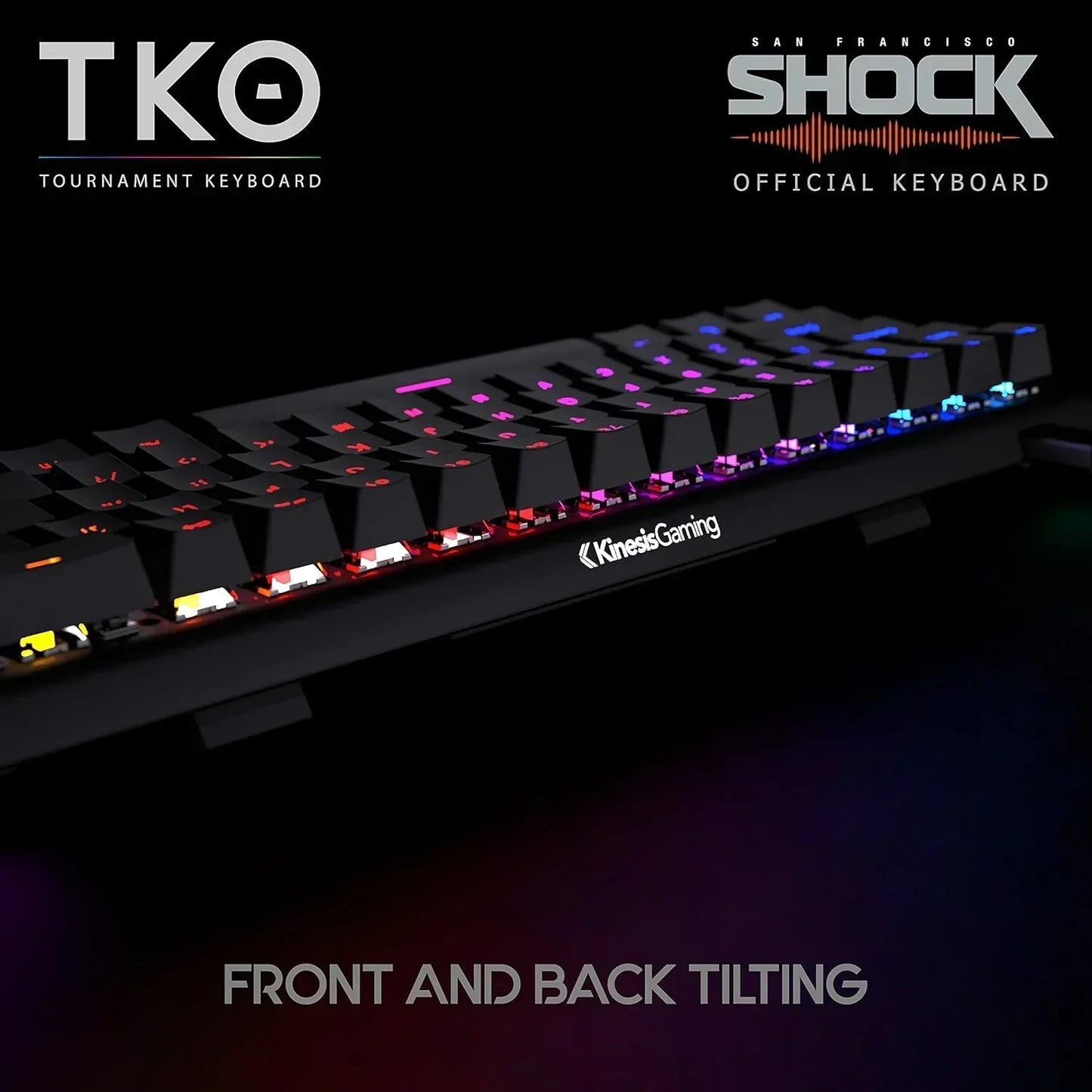Kinesis Gaming TKO mechanical keyboard with RGB lighting, front and back tilting, esports gear