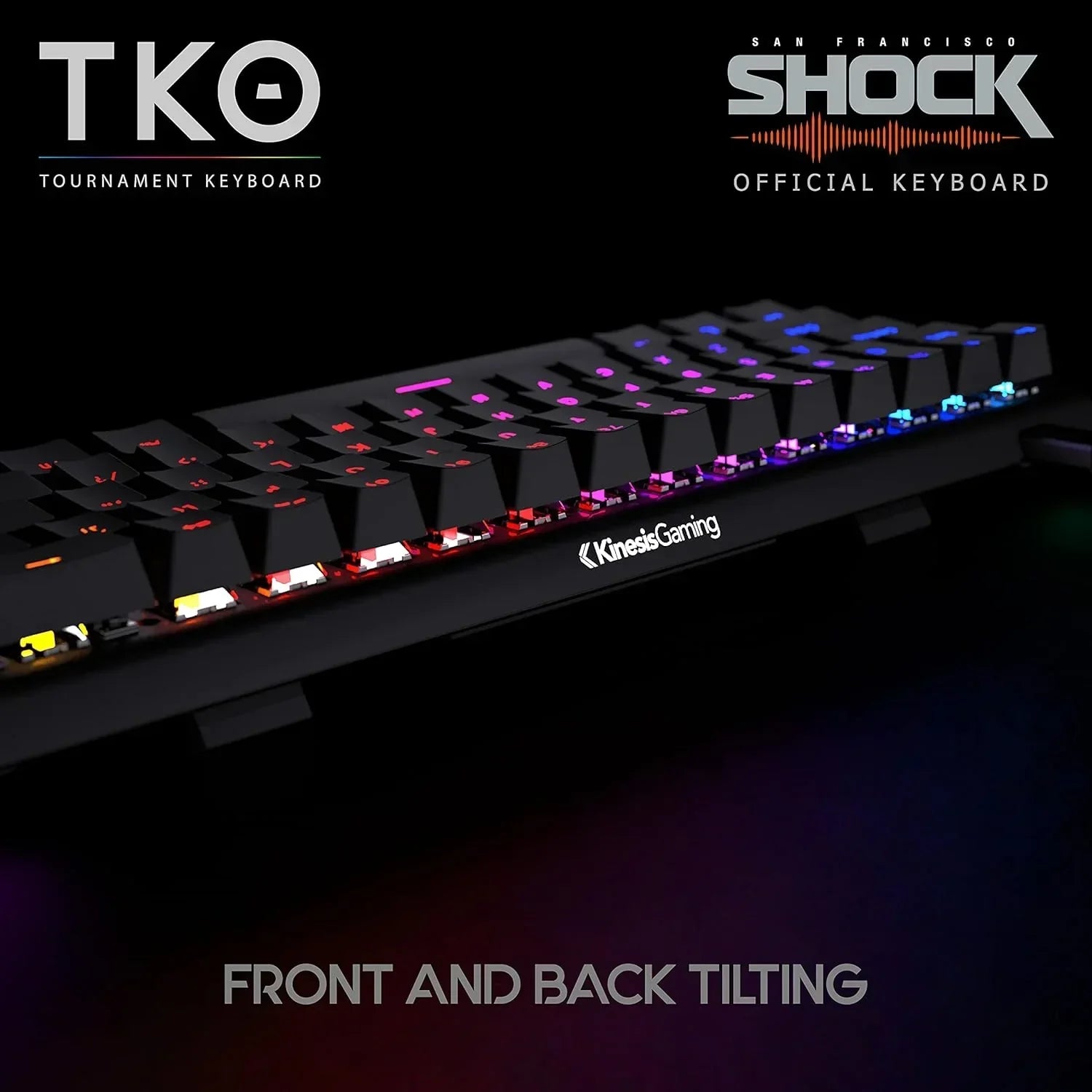 Kinesis Gaming TKO mechanical keyboard with RGB lighting, front and back tilting, esports gear