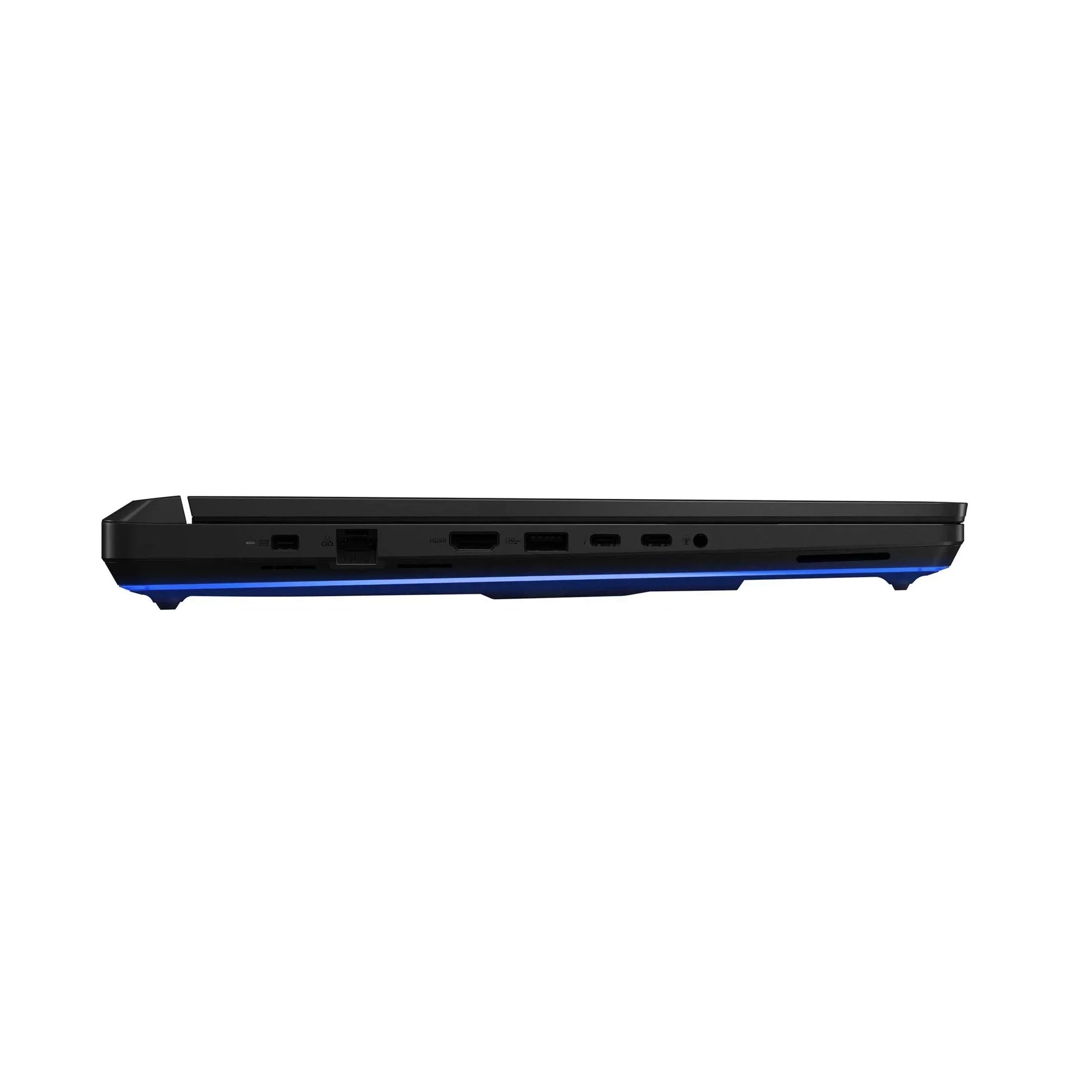Slim black gaming laptop side view showing ports and blue accent lighting