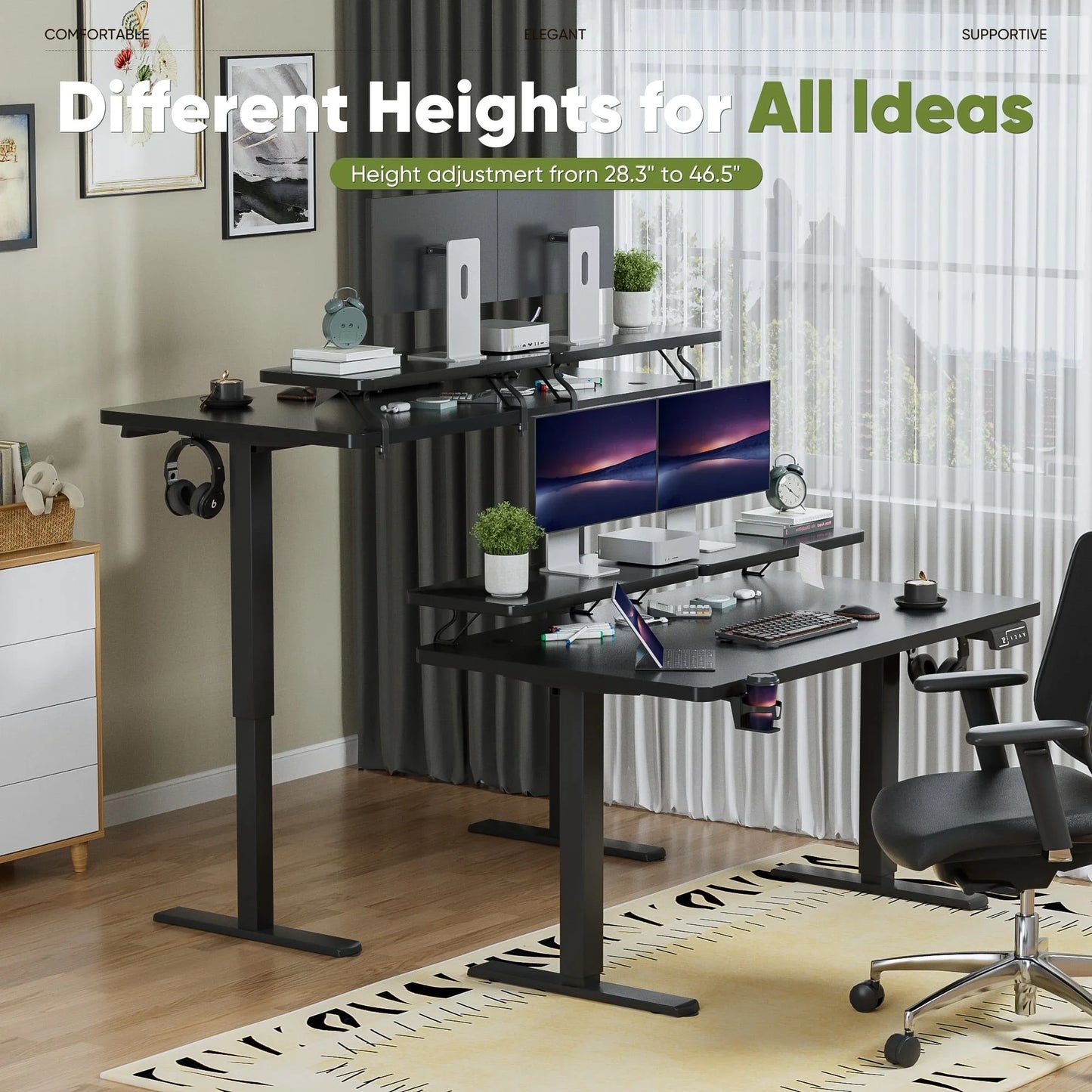 55" Wide Home Office Electric Height Adjustable Standing Desk Lifting Range 28~46" Computer Desk with Monitor Stand,Black