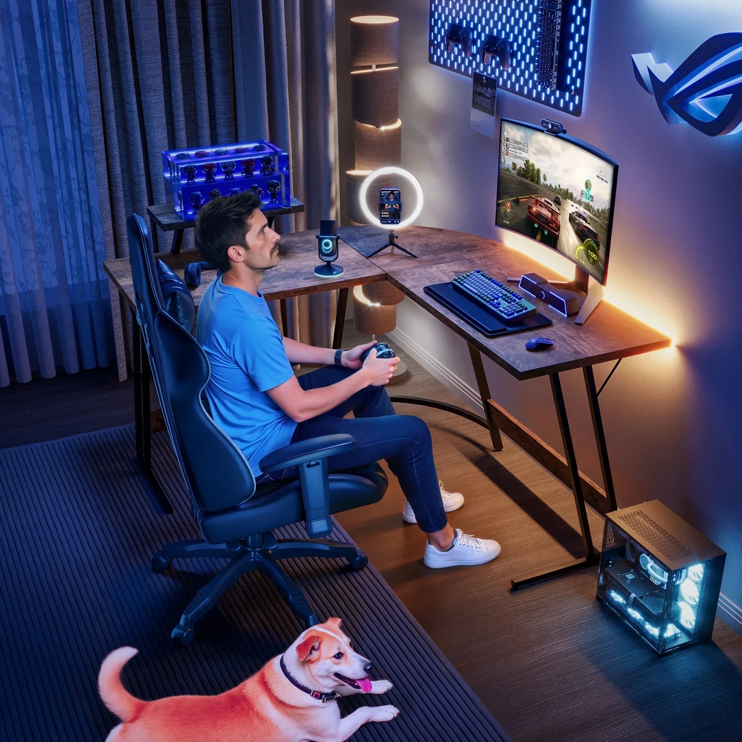 Man playing racing video game on curved monitor in modern gaming setup with RGB lighting and dog