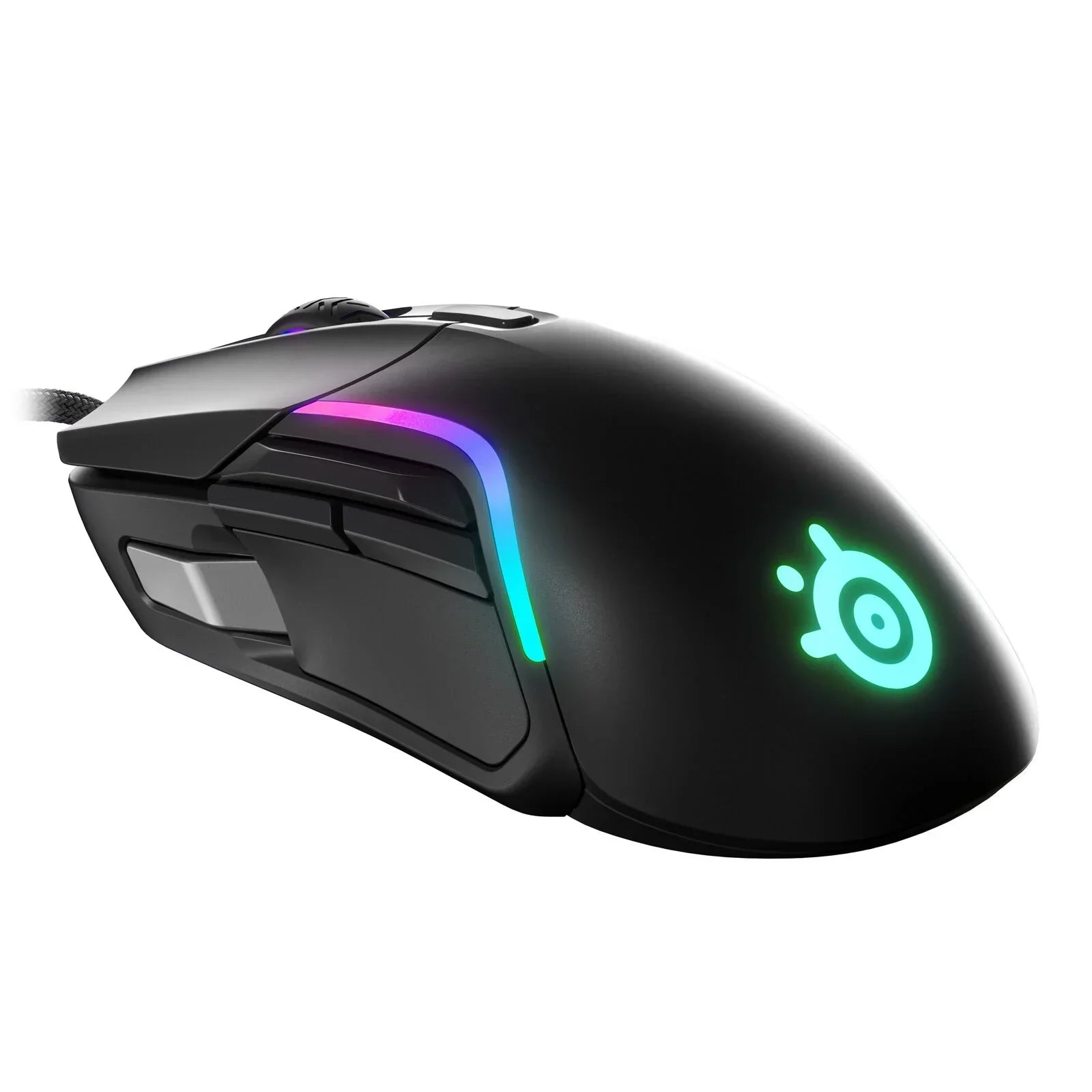 Black gaming mouse with RGB lighting and SteelSeries logo on white background
