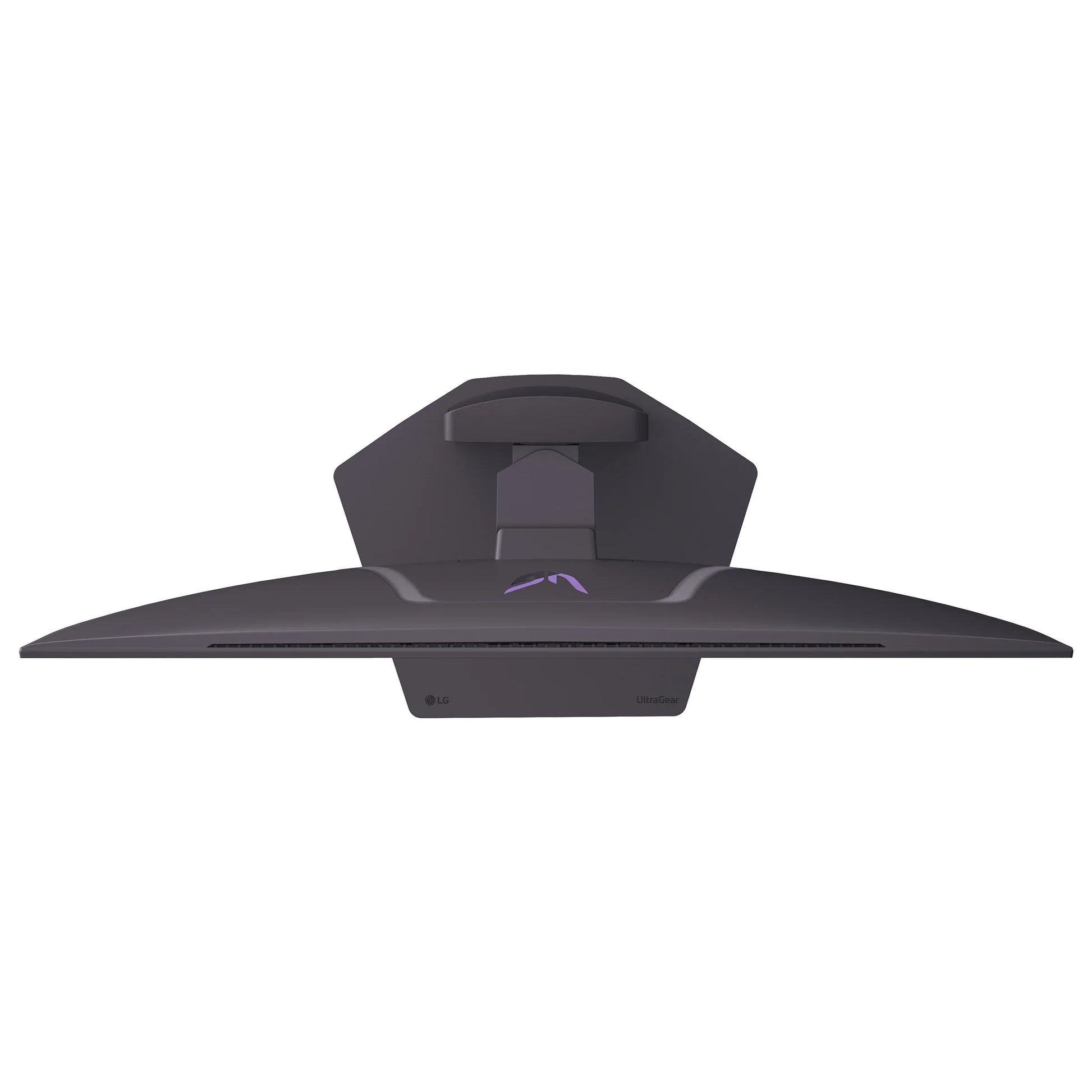 Top view of curved LG UltraGear gaming monitor with black stand and purple logo