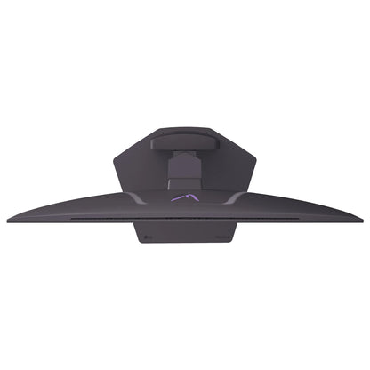 Top view of curved LG UltraGear gaming monitor with black stand and purple logo