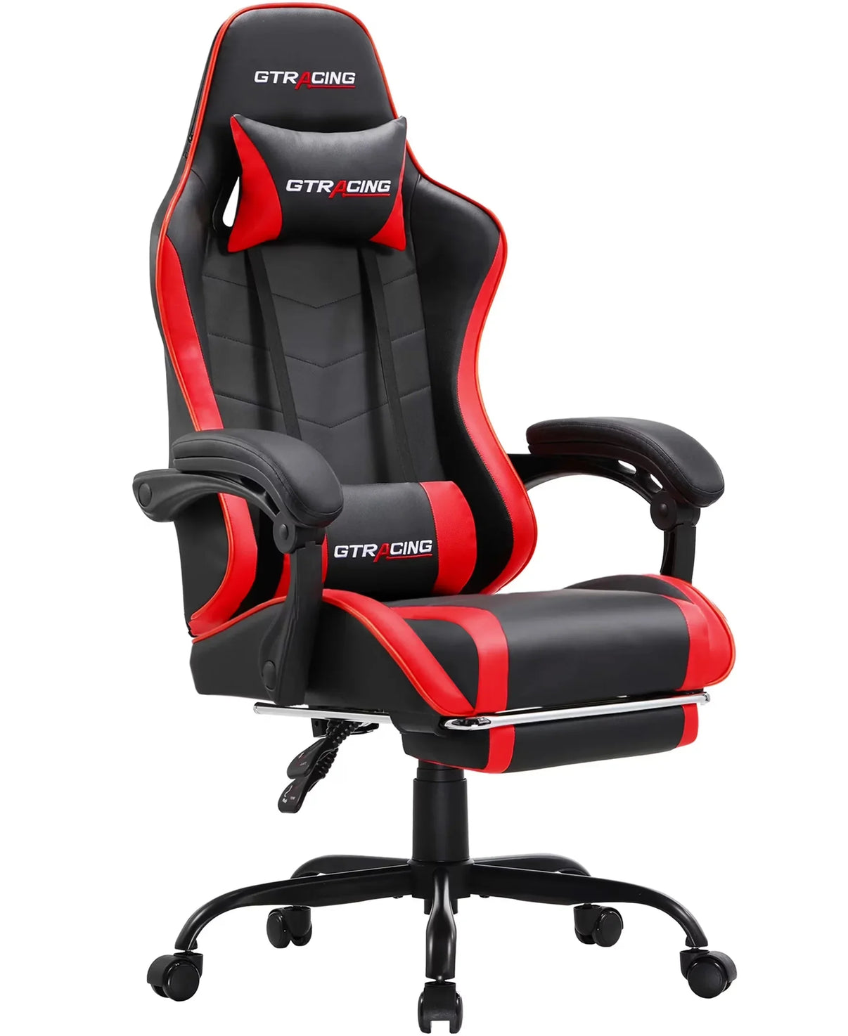 Black and red GT Racing ergonomic gaming chair with head and lumbar cushions on caster wheels
