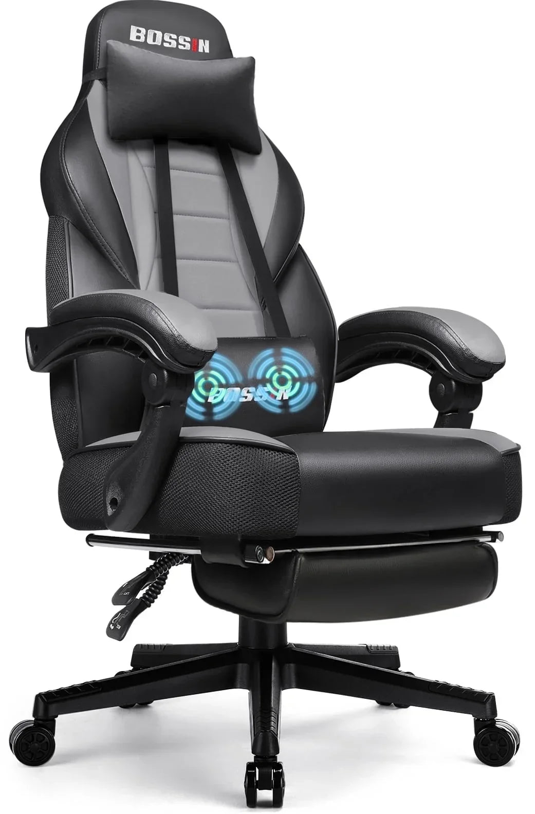 BOSSIN black and gray ergonomic gaming chair with adjustable armrests, lumbar support, and head pillow