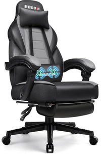 BOSSIN black and gray ergonomic gaming chair with adjustable armrests, lumbar support, and head pillow