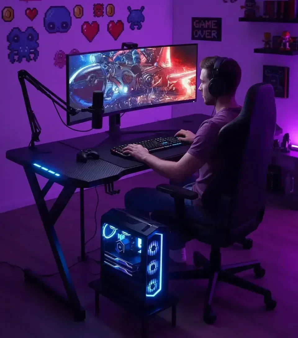 Man gaming on ultrawide monitor with RGB mechanical keyboard and custom PC in purple-lit room