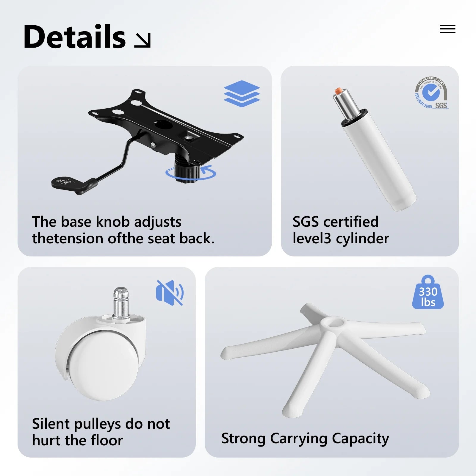 Gaming chair parts: tension knob, SGS cert cylinder, silent wheels, 330lbs base