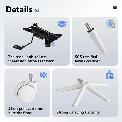 Gaming chair parts: tension knob, SGS cert cylinder, silent wheels, 330lbs base