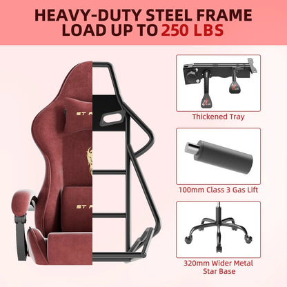Red gaming chair with heavy-duty steel frame, thickened tray, 100mm gas lift, and 320mm metal star base