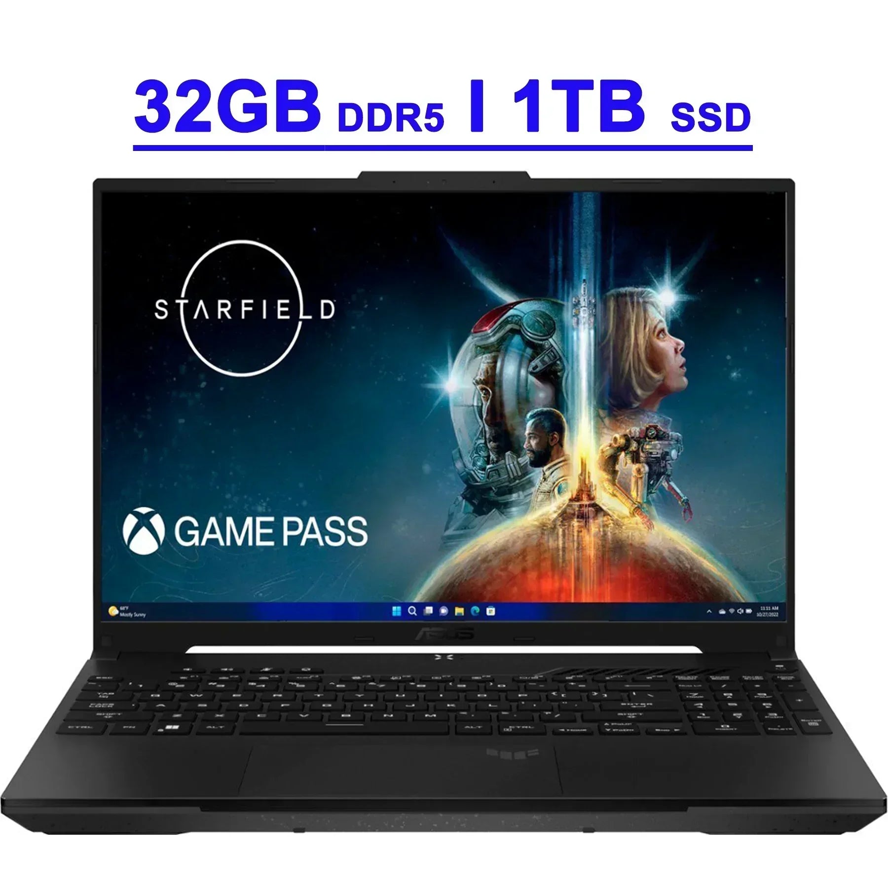 Gaming laptop with Starfield display, 32GB DDR5 RAM, 1TB SSD, Game Pass promotion