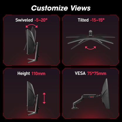 Gaming monitor with customizable views: swivel -5 to 20°, tilt -15 to 15°, 110mm height, VESA 75x75mm mount