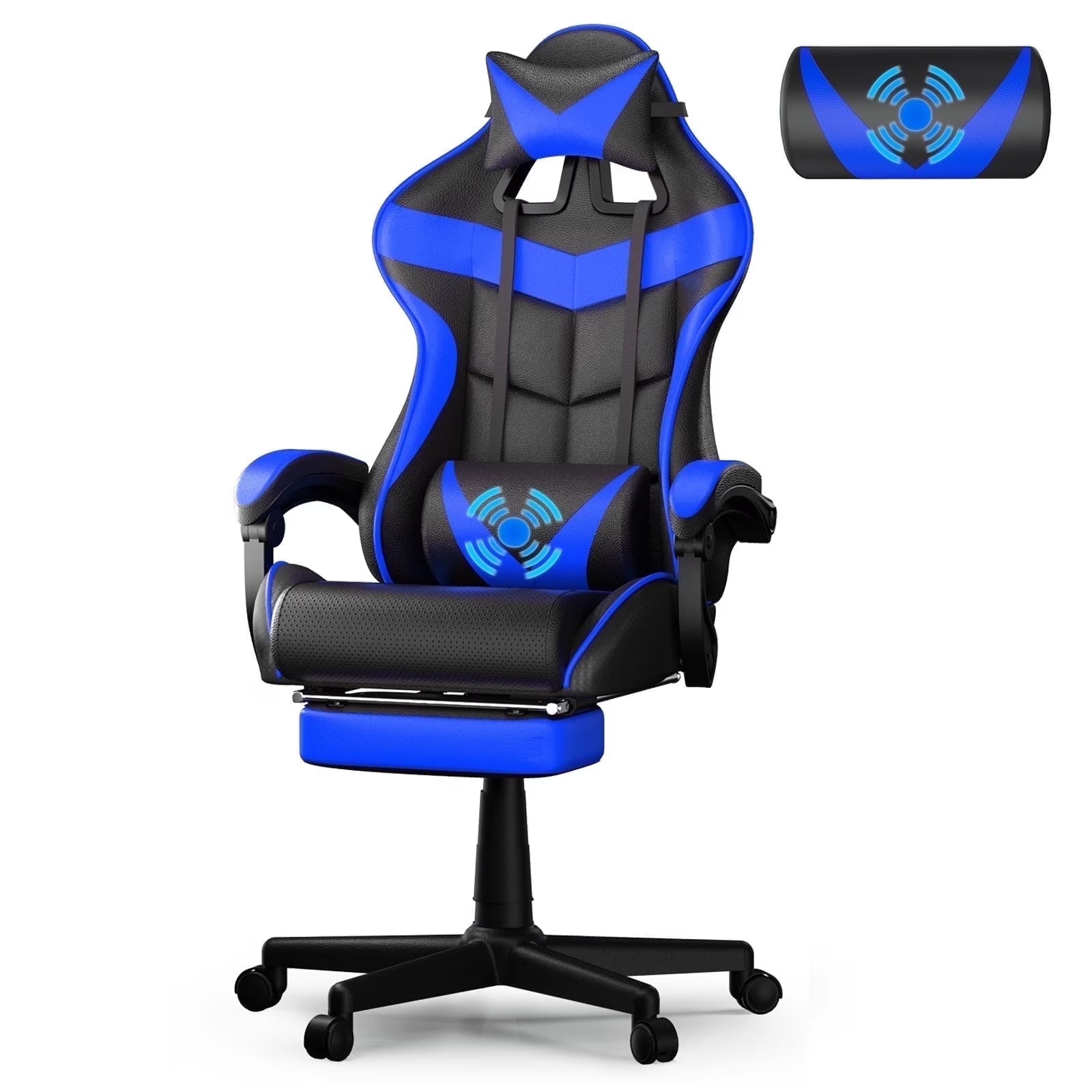 Blue and black gaming chair with lumbar support pillow, ergonomic design for PC setup