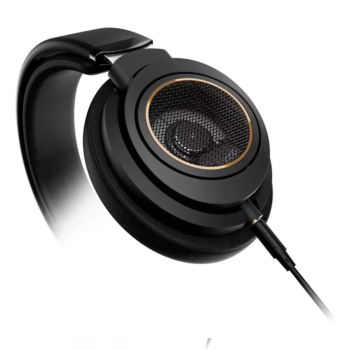 Black wired gaming headset with gold accents and mesh earcup close-up
