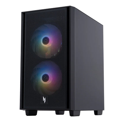 Black PC gaming case with dual RGB cooling fans visible through a perforated front panel