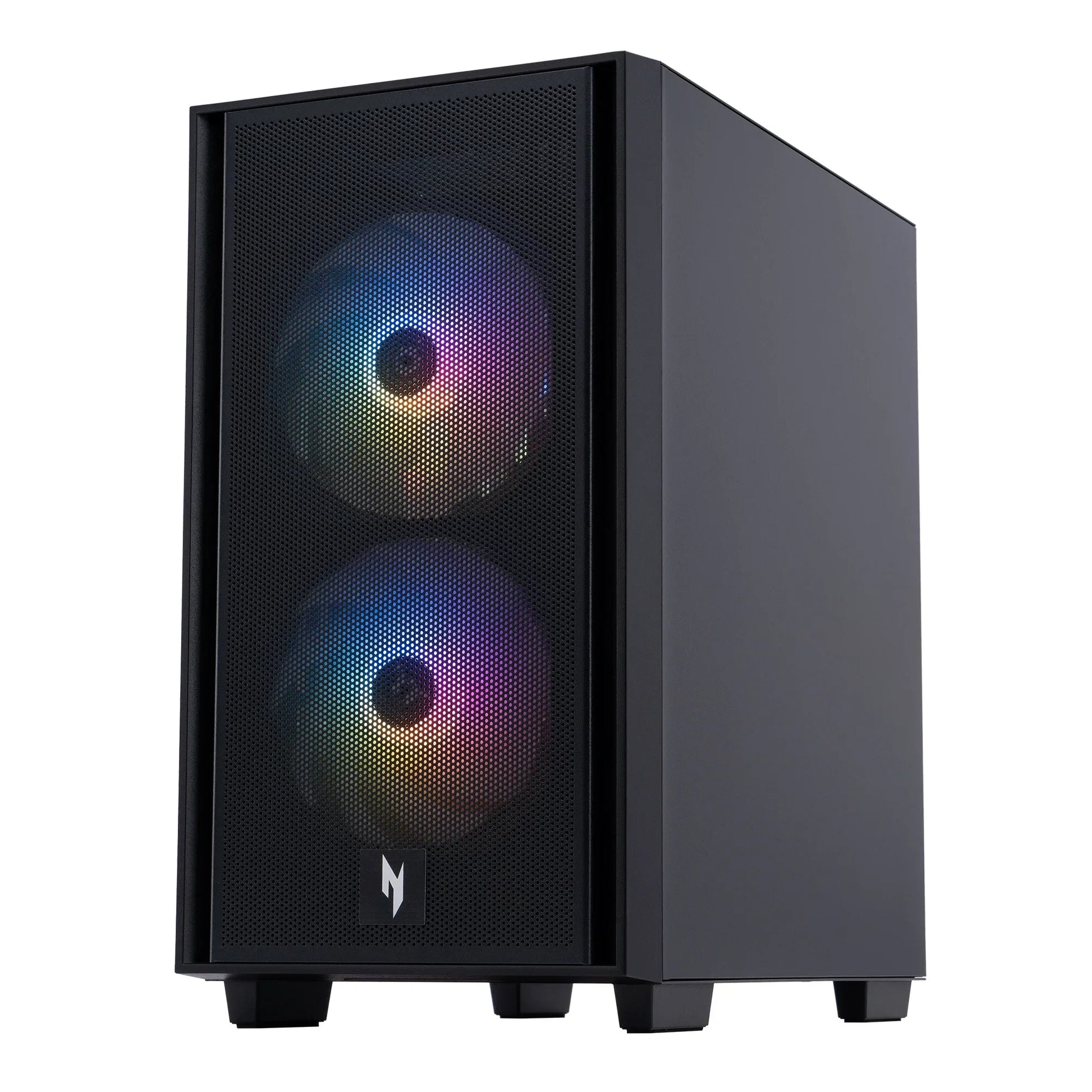 Black gaming PC tower with dual RGB fans behind a perforated front panel on a white background