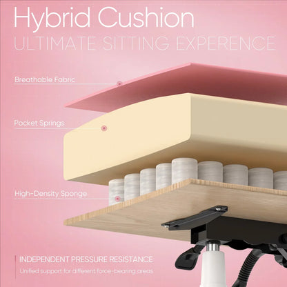 Hybrid cushion gaming chair with breathable fabric, pocket springs, and high-density sponge for ergonomic support.