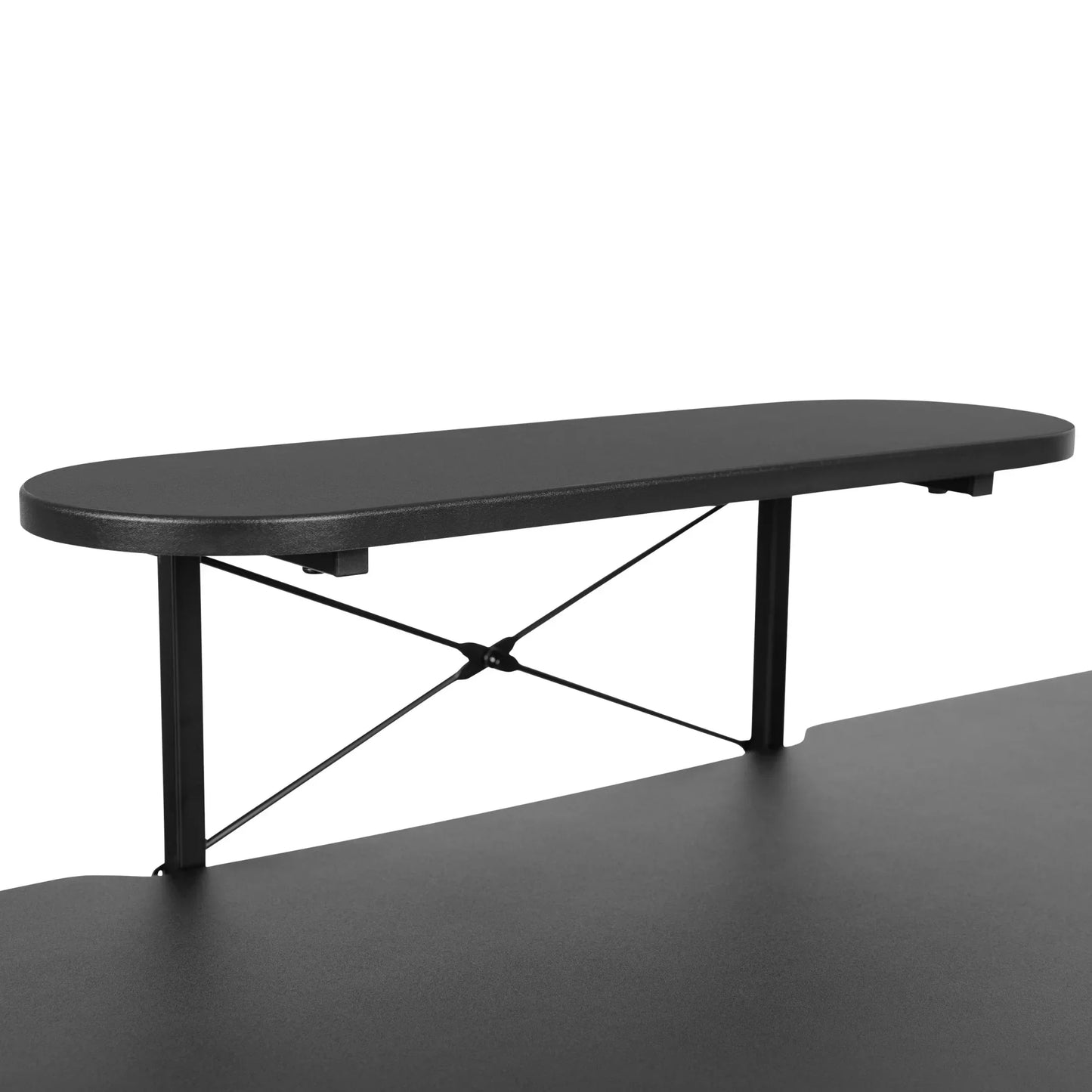 Black adjustable desktop monitor stand with metal crossbar support on black tabletop