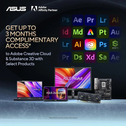 ASUS ProArt and ZenScreen laptops, monitor, motherboard, and graphics card with Adobe Creative Cloud offer for 3 months free access