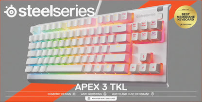 SteelSeries Apex 3 TKL white RGB gaming keyboard with award badge and compact design