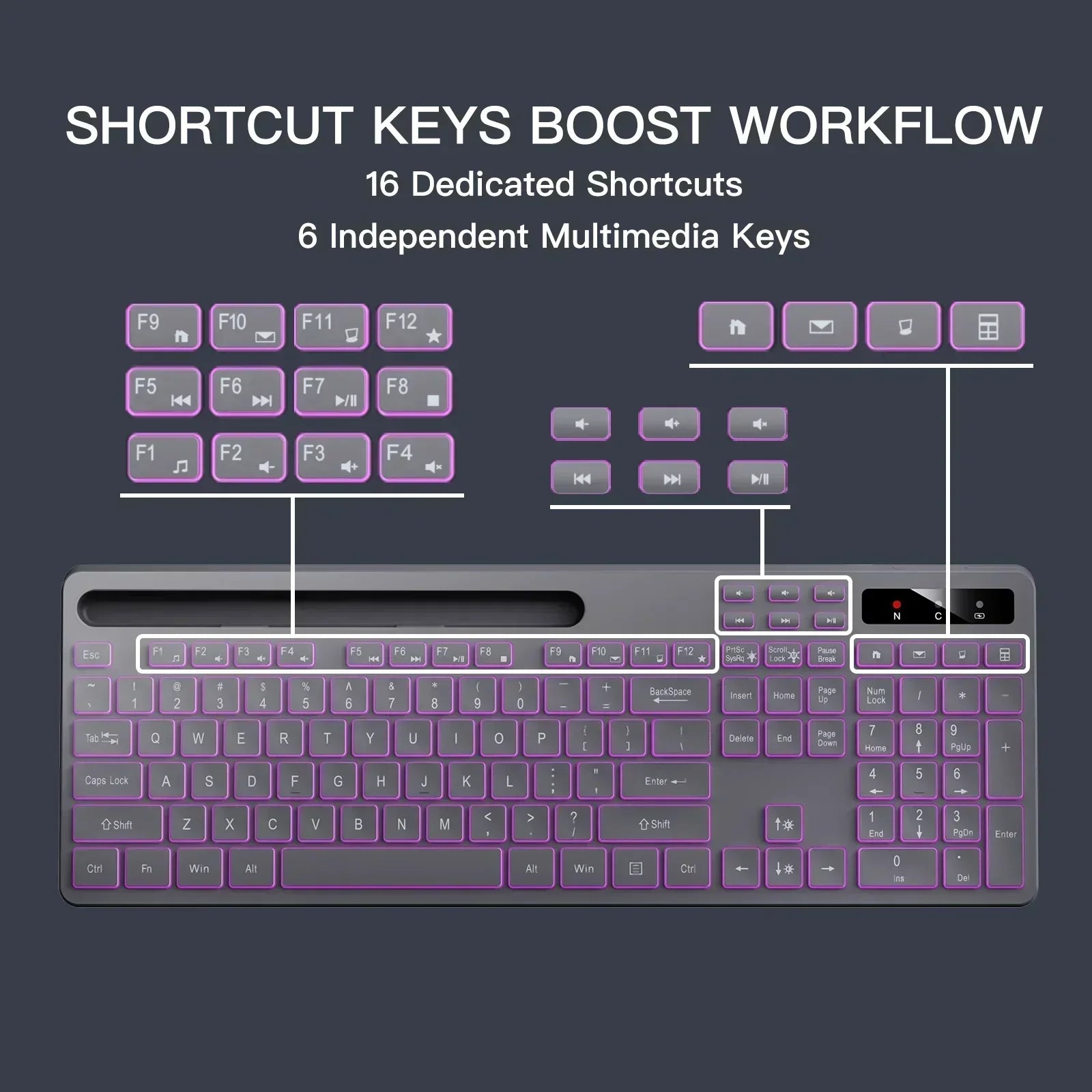 Wireless Keyboard with 7-Color RGB Backlit,  Full-Size Computer Keyboard with Phone Tablet Holder, Rechargeable 2.4G Wireless Gaming Keyboard with Light up Keys, Compatible with Mac,Window,Gray
