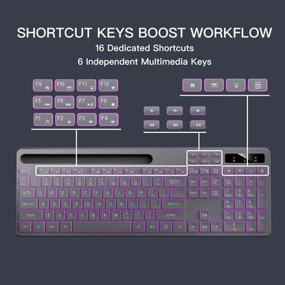 Wireless Keyboard with 7-Color RGB Backlit,  Full-Size Computer Keyboard with Phone Tablet Holder, Rechargeable 2.4G Wireless Gaming Keyboard with Light up Keys, Compatible with Mac,Window,Gray