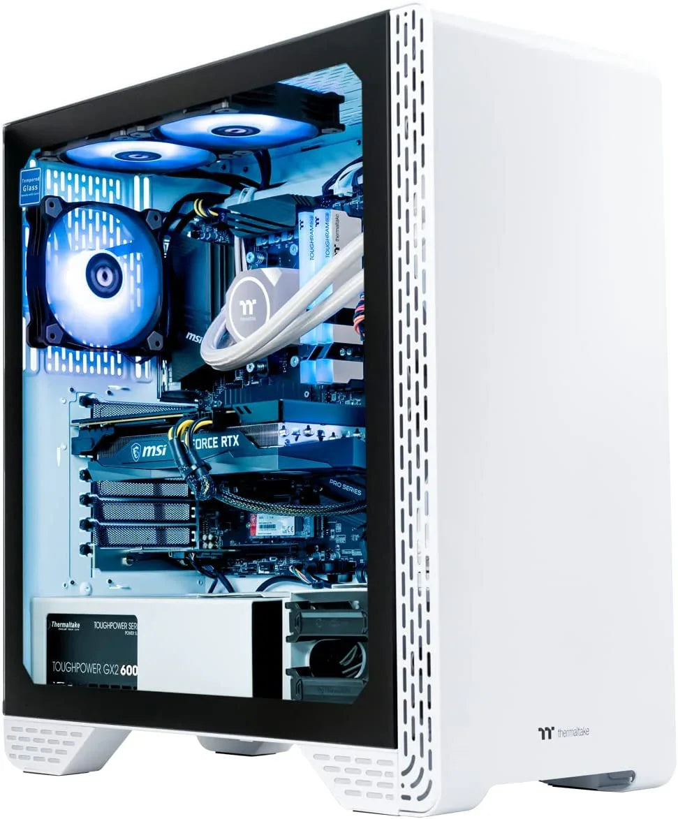 White Thermaltake PC case with tempered glass side panel showing MSI GeForce RTX graphics and blue LED cooling fans