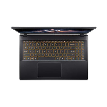 Top view of a gaming laptop with orange backlit keyboard and partially open screen