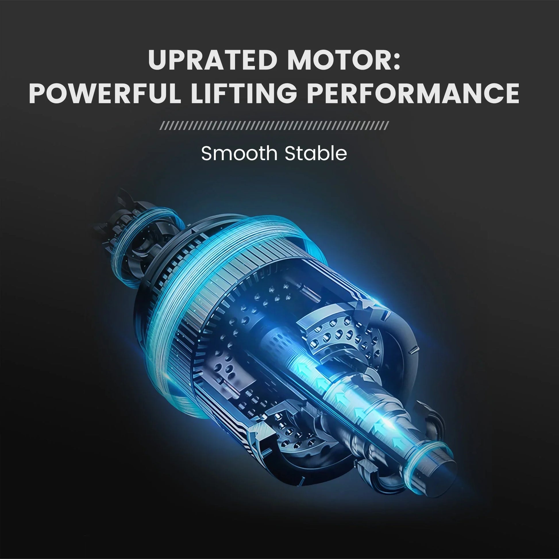 3D illustration of an upgraded motor with blue lighting effects showcasing powerful and smooth lifting performance