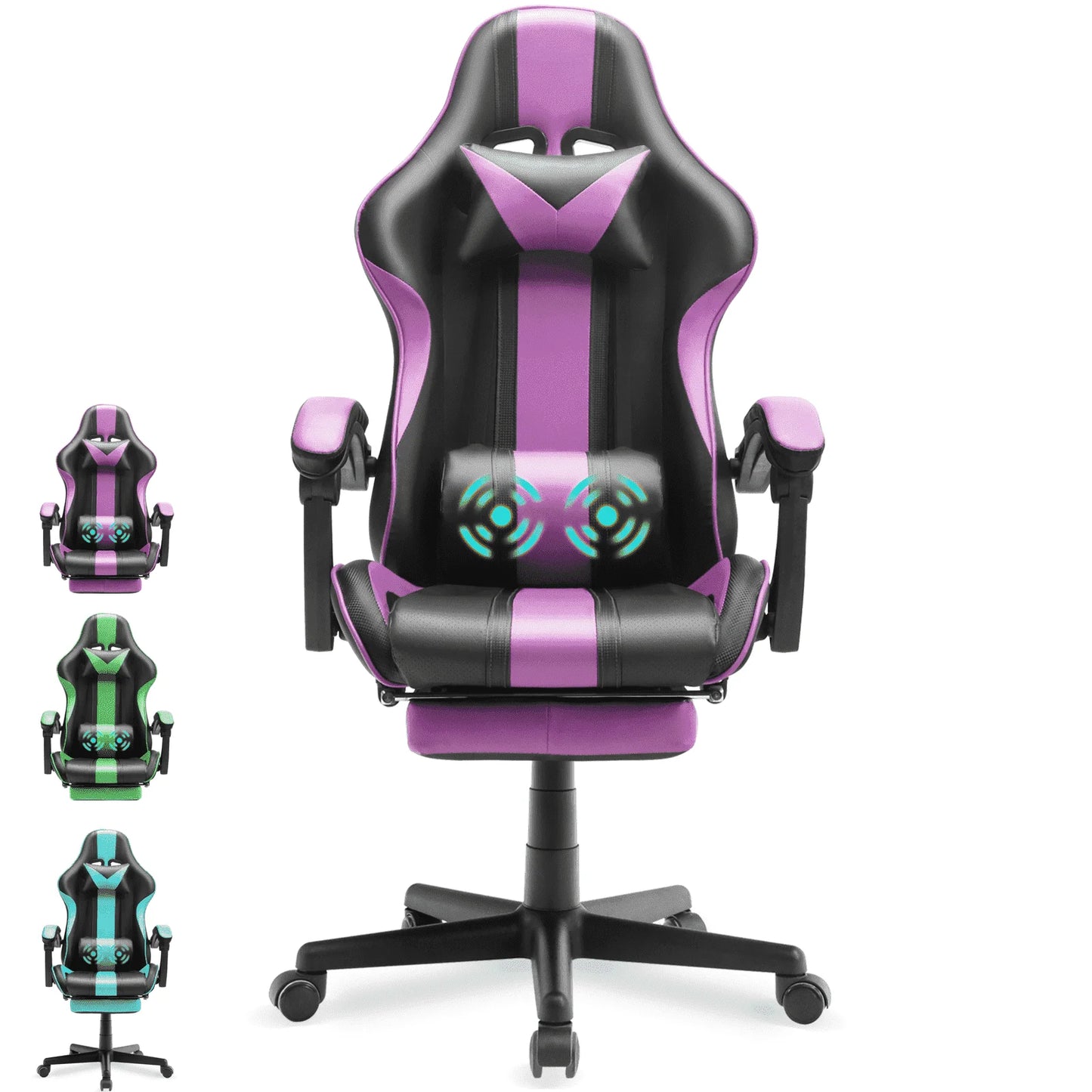 Purple and black gaming chair with RGB lumbar support, adjustable arms, and 5-color options for PC setup