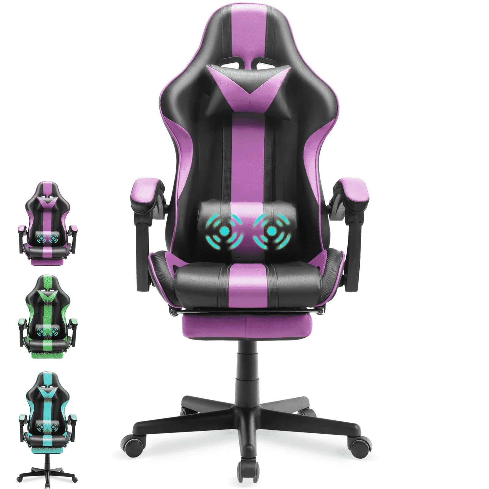 Purple and black gaming chair with RGB lumbar support, adjustable arms, and 5-color options for PC setup