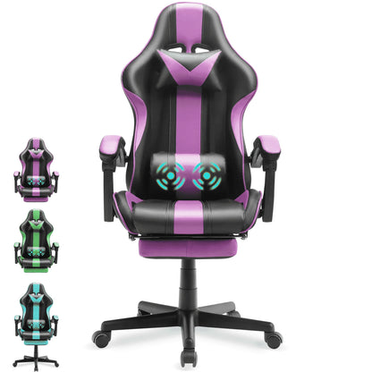 Purple and black gaming chair with RGB lumbar support, adjustable arms, and 5-color options for PC setup