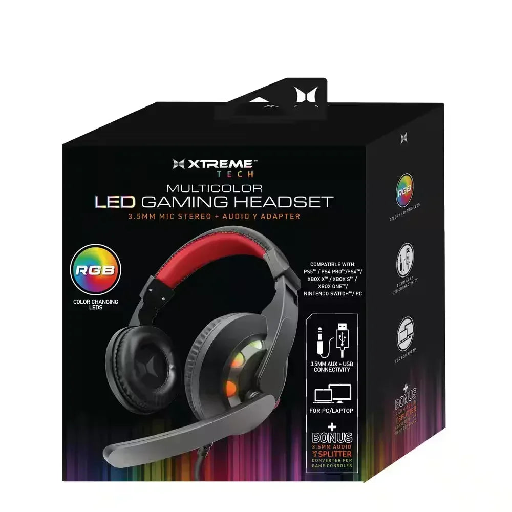 Xtreme Tech multicolor LED gaming headset with RGB lights, mic, stereo audio for PC, consoles