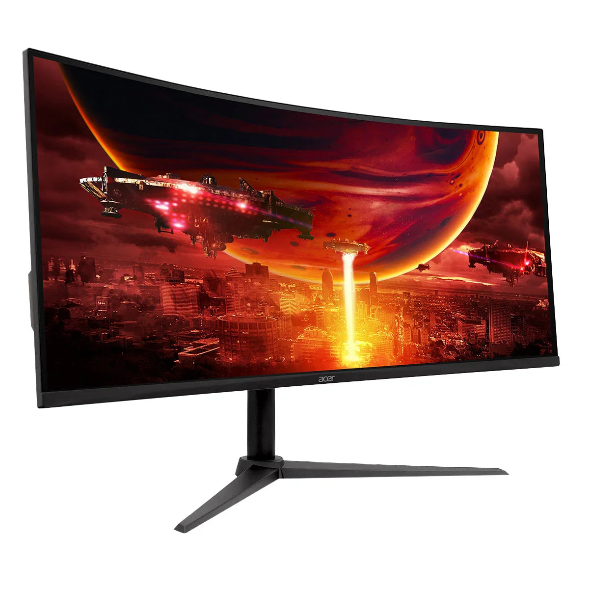 Acer curved ultra-wide gaming monitor displaying a sci-fi scene with spaceships and a giant planet over a city