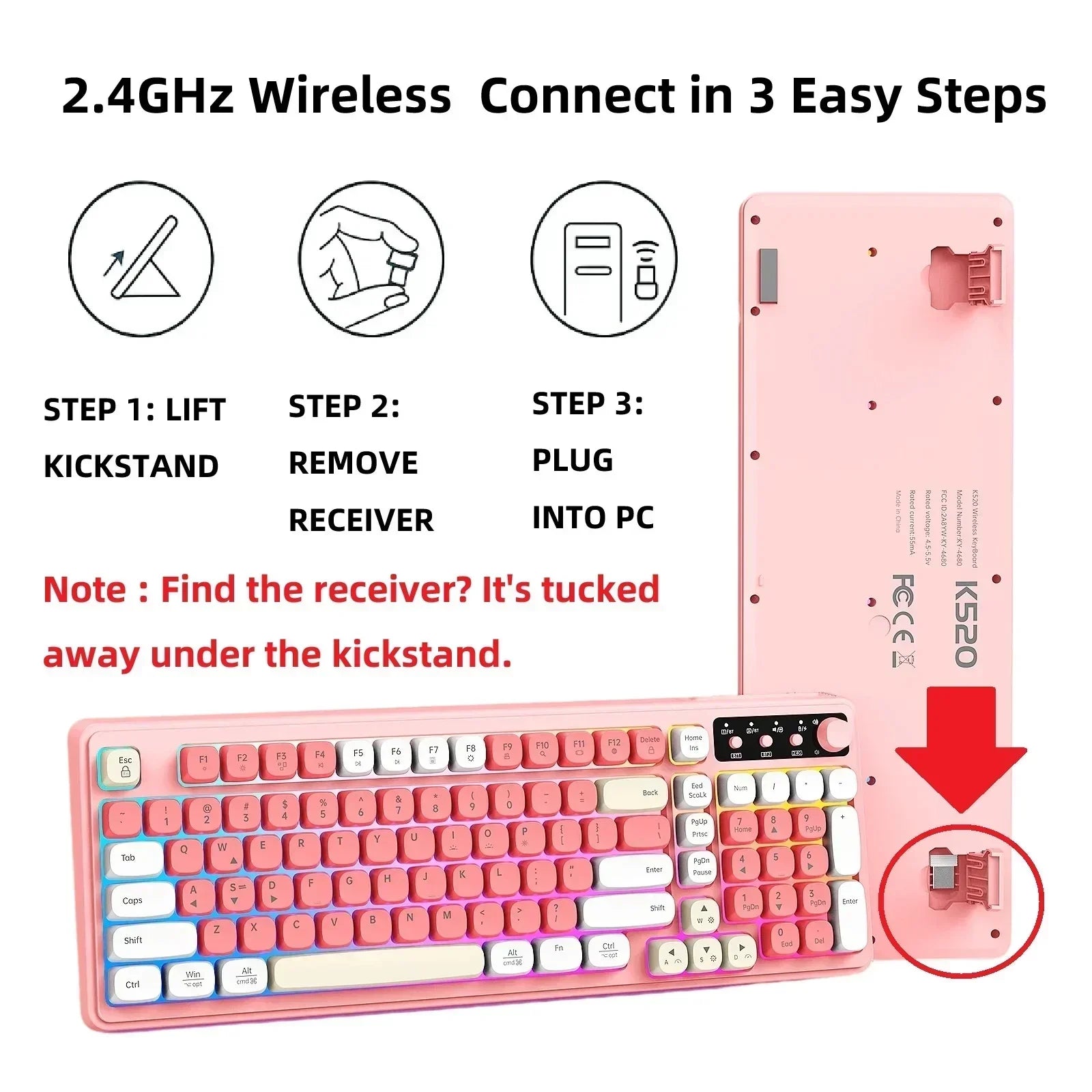 Pastel pink wireless gaming keyboard K520 with receiver under kickstand, setup instructions.