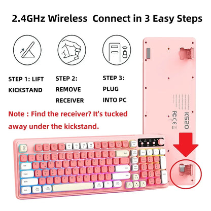 Pastel pink wireless gaming keyboard K520 with receiver under kickstand, setup instructions.
