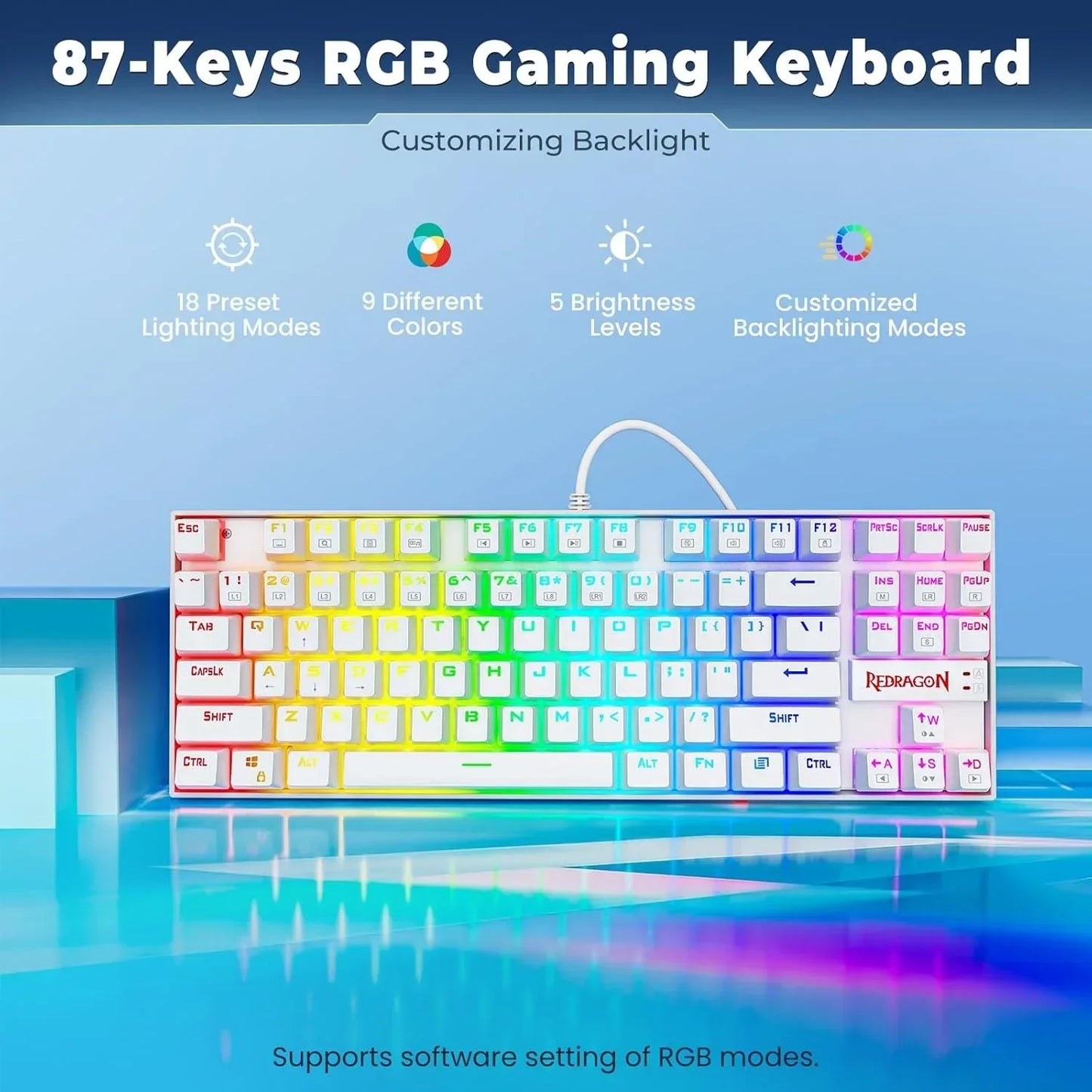 87-key RGB gaming keyboard with customizable backlight, colorful LEDs, and modern design