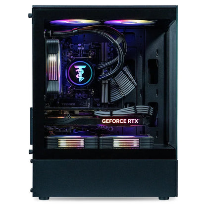 Gaming PC with RGB lighting, transparent side panel, GeForce RTX graphics card