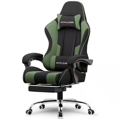 Green and black GTPLAYER gaming chair with lumbar pillow, adjustable arms, and chrome base for ergonomic comfort.