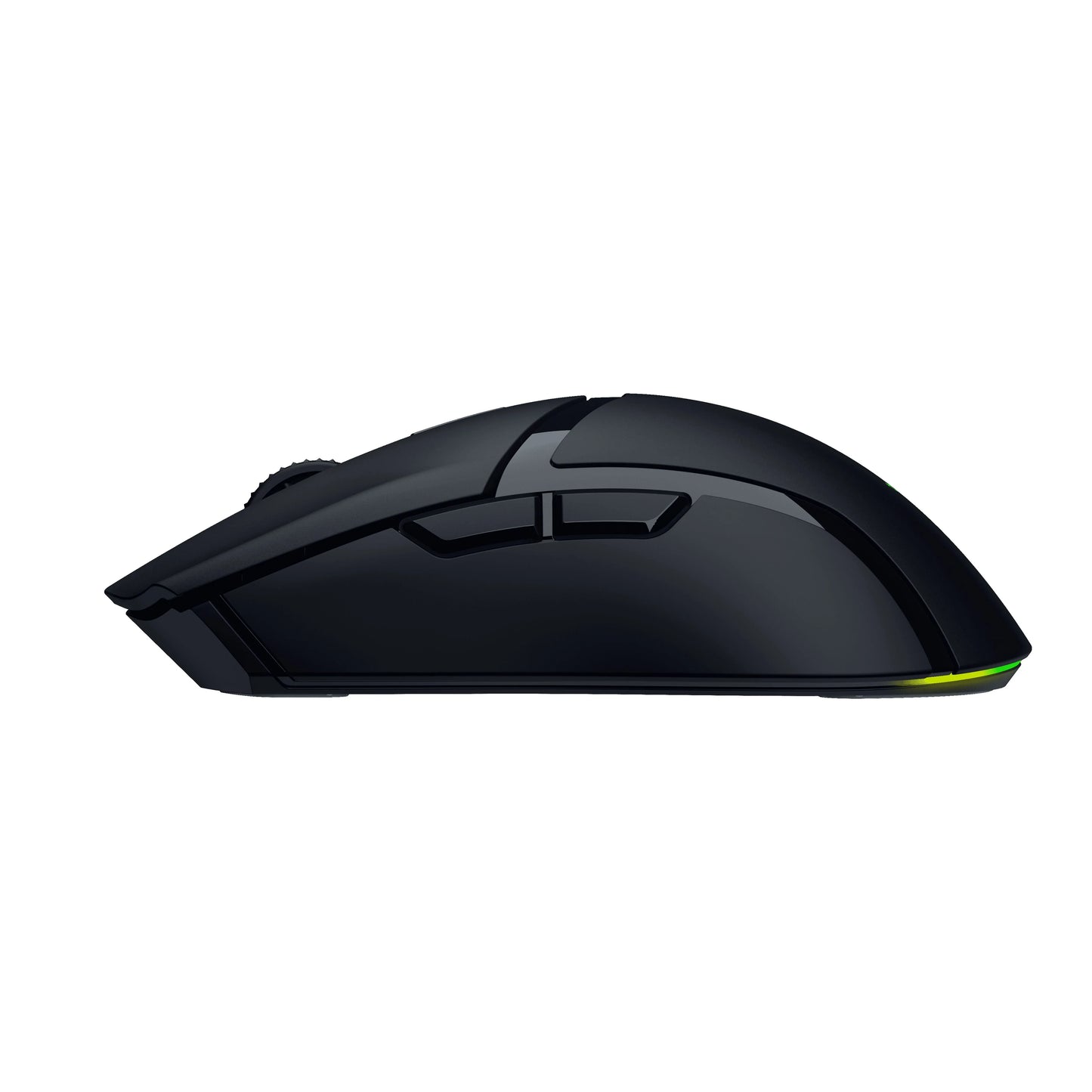 Sleek black wireless gaming mouse with side buttons and subtle RGB lighting on the rear