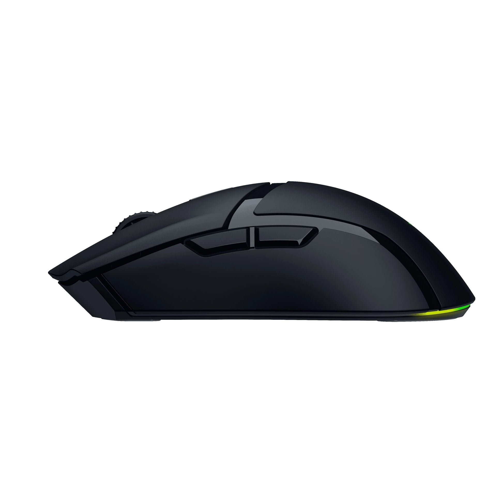 Sleek black wireless gaming mouse with side buttons and subtle RGB lighting on the rear