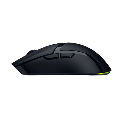 Sleek black wireless gaming mouse with side buttons and subtle RGB lighting on the rear