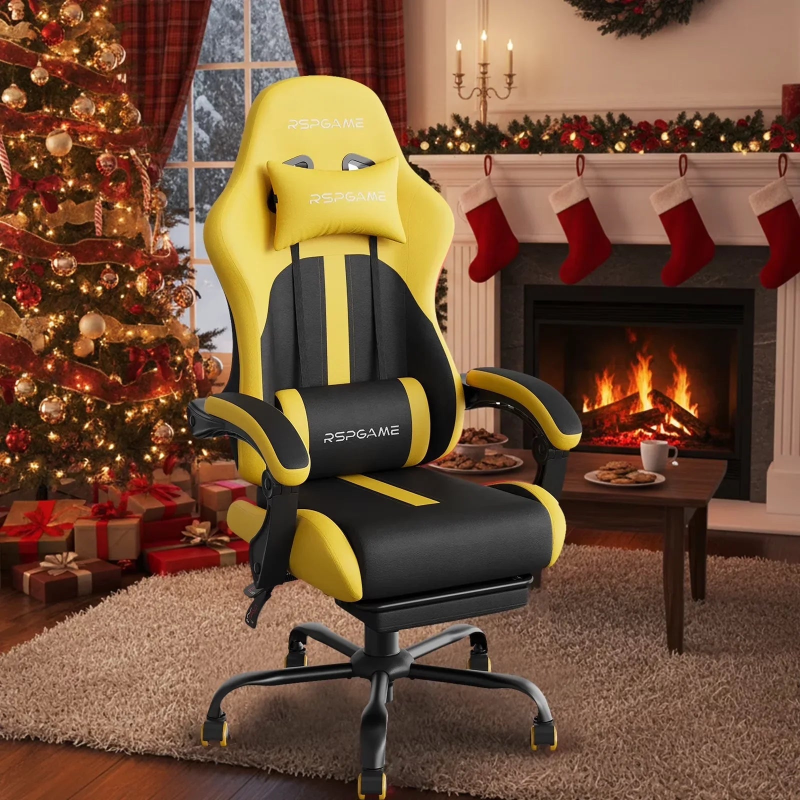 Yellow and black RSPGAME gaming chair with lumbar support, set in cozy Christmas living room with fireplace and tree.