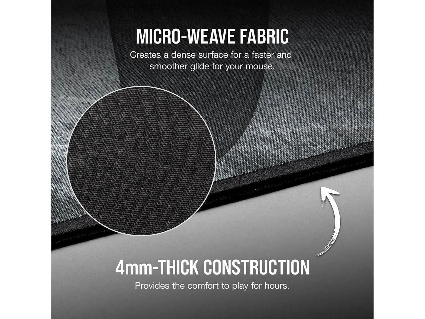 Close-up of black micro-weave fabric mousepad with 4mm thick construction for smooth glide and comfort