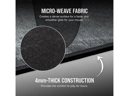 Close-up of black micro-weave fabric mousepad with 4mm thick construction for smooth glide and comfort