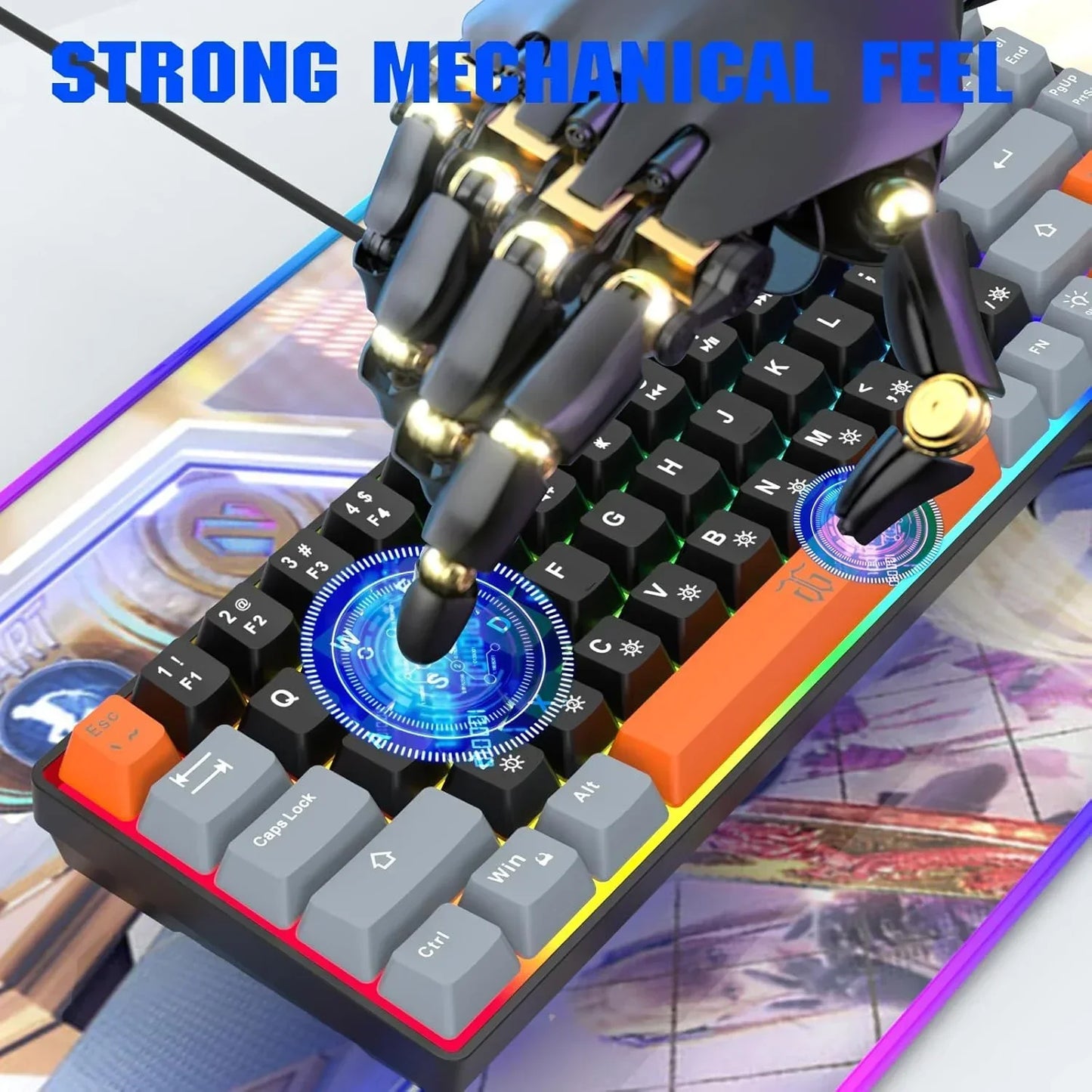 Mechanical robotic hand typing on RGB gaming keyboard with strong mechanical feel text