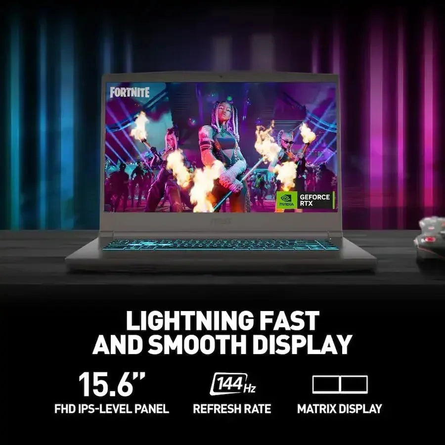 Gaming laptop with Fortnite on screen, 15.6-inch FHD display, 144Hz refresh rate, GeForce RTX