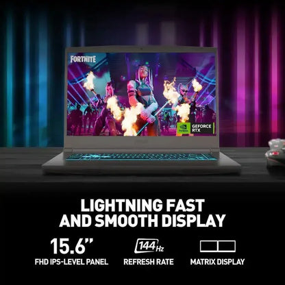 Gaming laptop with Fortnite on screen, 15.6-inch FHD display, 144Hz refresh rate, GeForce RTX