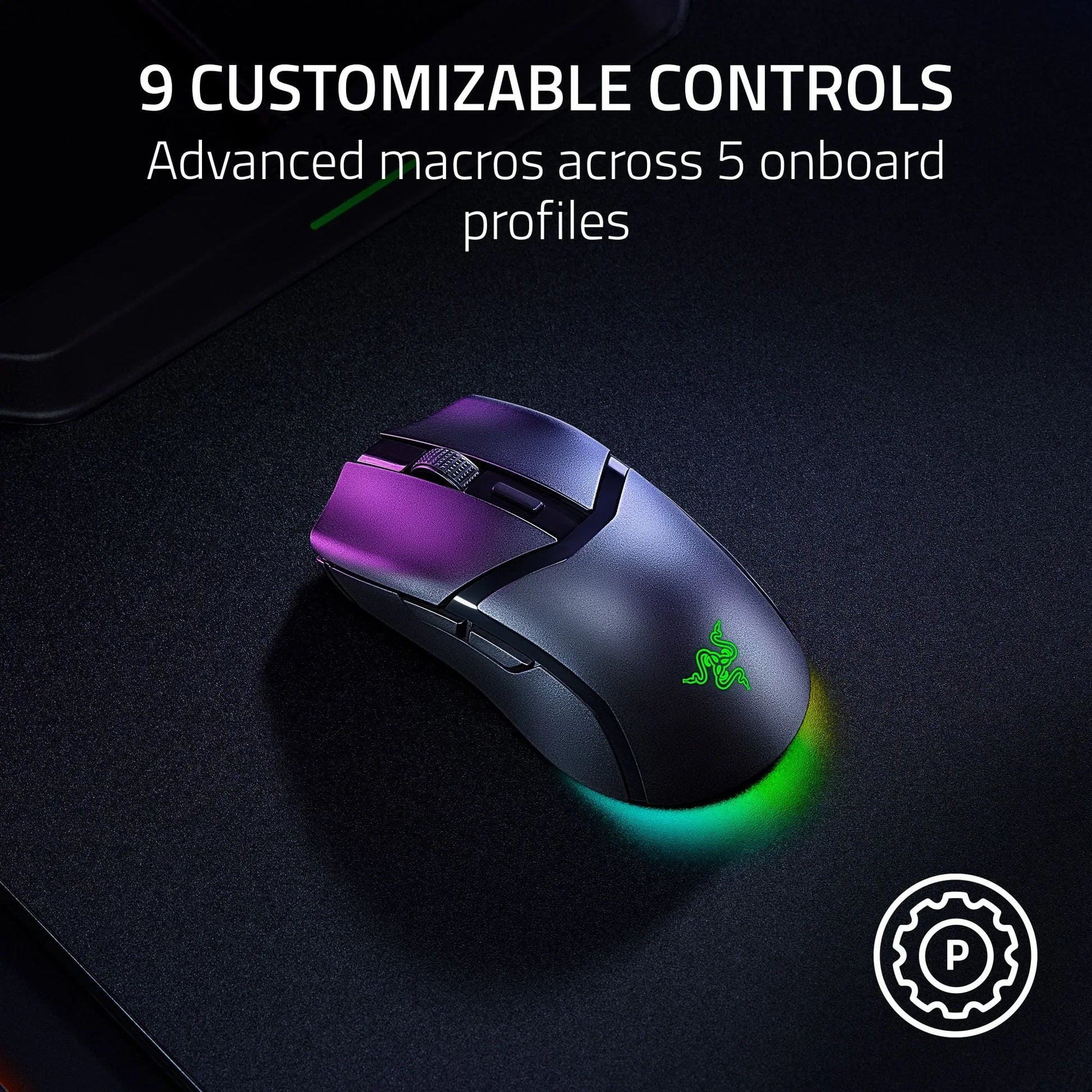 RGB gaming mouse with custom controls and advanced macros for 5 profiles on black surface